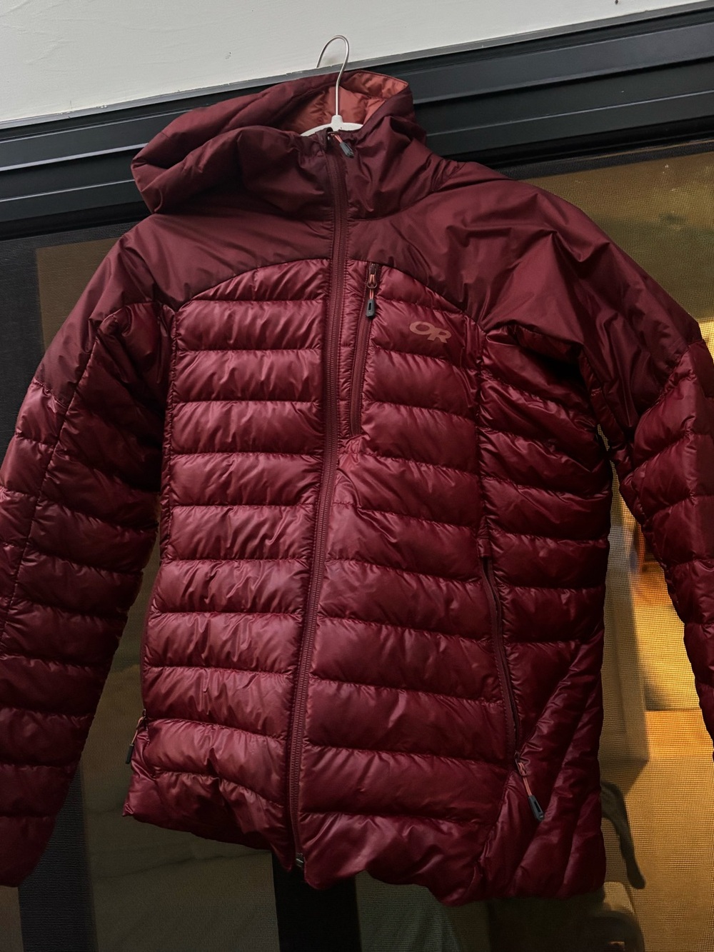 Outdoor Research Deep Red Quilted Hooded Down Jacket